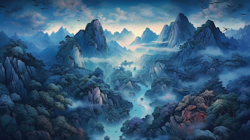 深蓝色国风山水树木插画,插画/手绘图,插画/手绘图库,插画/手绘图下载,插画/手绘